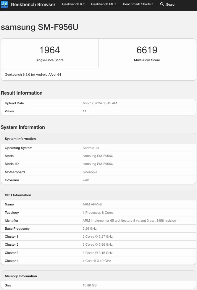 Samsung Galaxy Z Fold6 appears on Geekbench