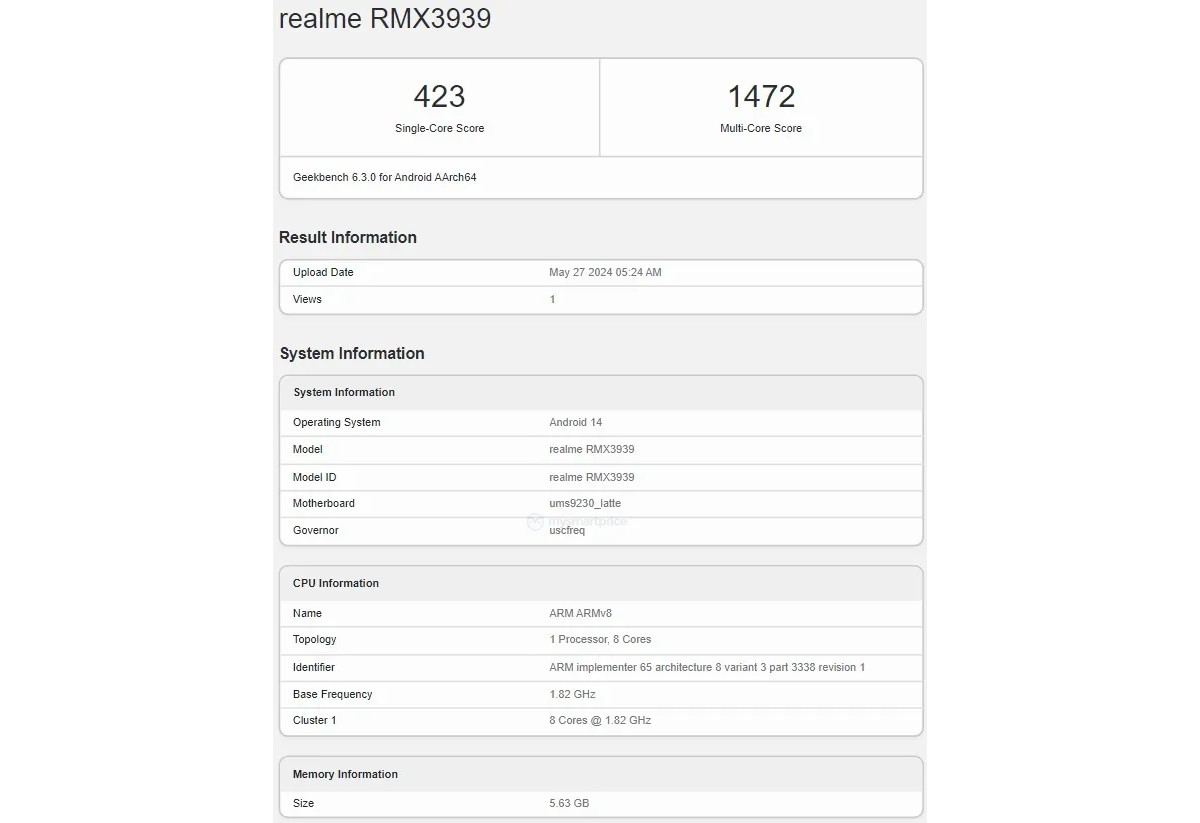 Realme C63 проходит тестирование в Geekbench перед его запуском 5 июня