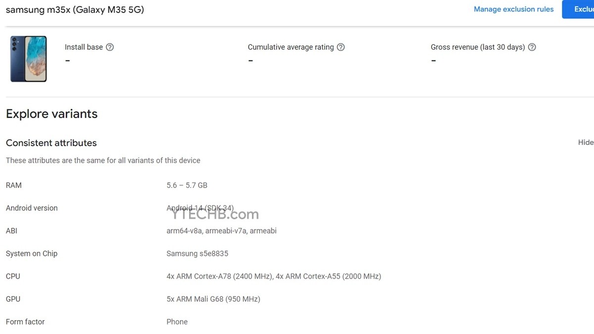 Samsung Galaxy M35 design and specs revealed on Google Play Console