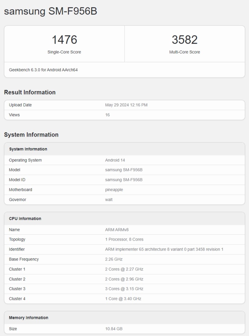 Geekbench score shows that European Galaxy Z Fold6 units will use the Snapdragon 8 Gen 3 too