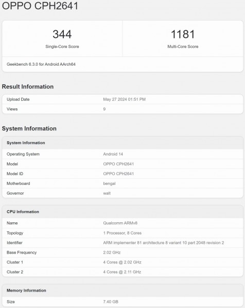 Oppo A3x on Geekbench