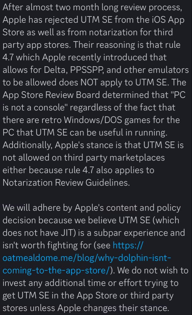 Apple blocks UTM SE PC emulator from app stores, says it's not a retro console