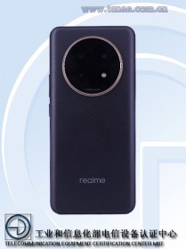 A product shot highlighting the Realme 13 Pro's sleek design, matte black finish, and prominent circular camera module.