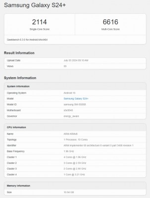 Samsung Galaxy S24+ running Android 15/One UI 7 spotted in the Geekbench database