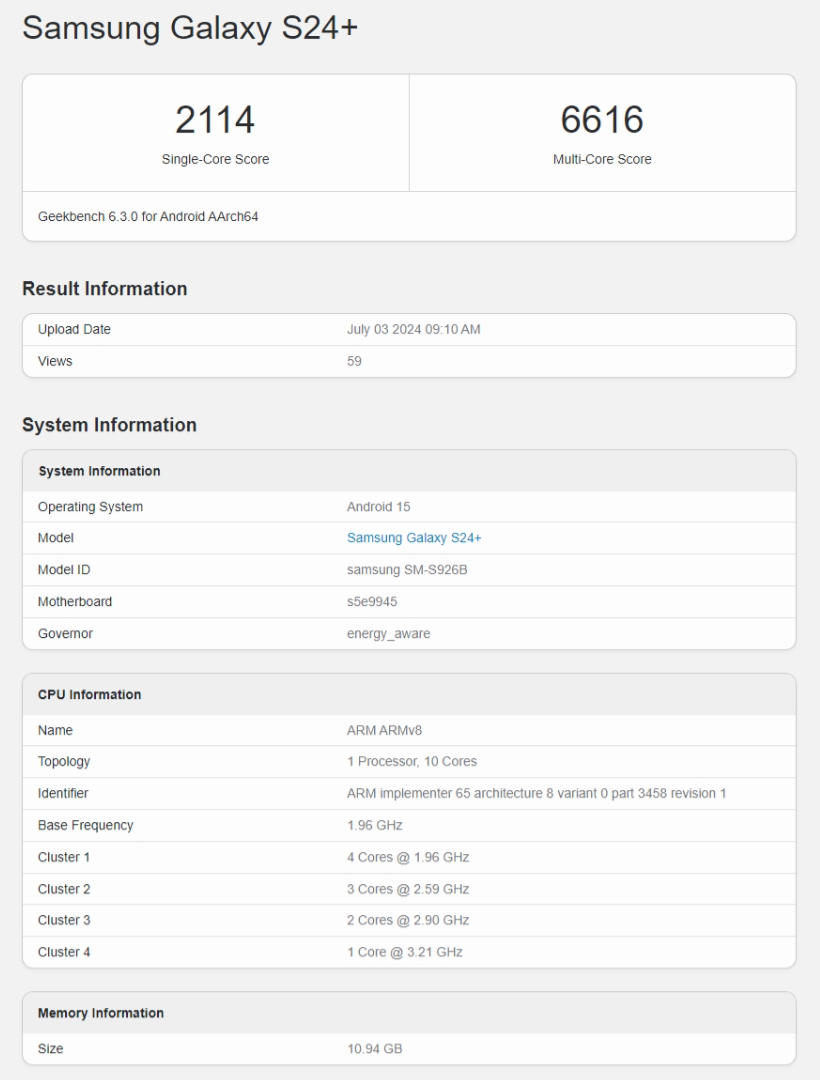 Samsung Galaxy S24+ под управлением Android 15/One UI 7 обнаружен в базе данных Geekbench