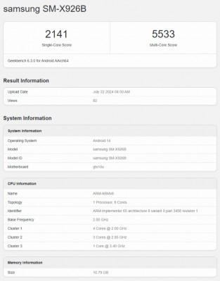 Samsung Galaxy Tab S10 Ultra (SM-X926B) scorecard from Geekbench 6.3.0