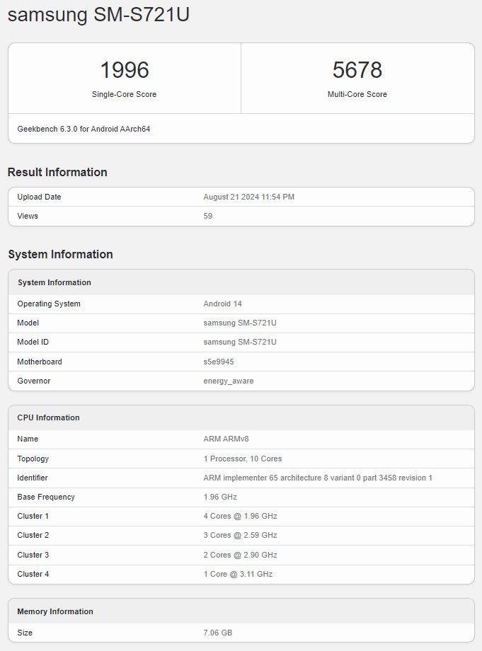 Samsung Galaxy S24 FE появился на Geekbench с разогнанным процессором Exynos 2400 SoC