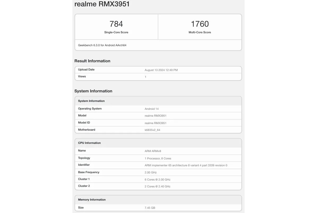 Realme 13 5G появляется в базе данных Geekbench с помощью Dimensity 6300