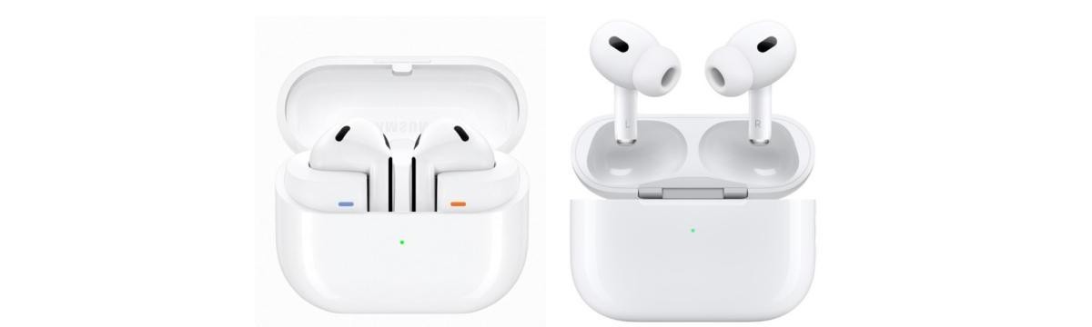 Samsung Galaxy Buds3 (kiri) vs. Apple AirPods Pro 2 (kanan)