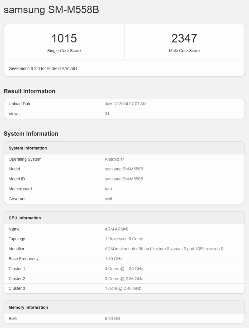 Samsung Galaxy M55s запускает Geekbench с чипсетом Snapdragon 7 Gen 1