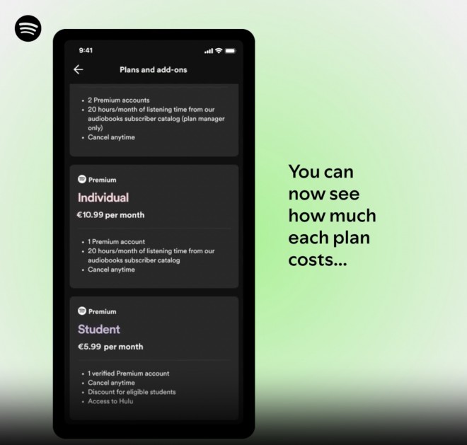 Spotify for iOS now shows pricing info