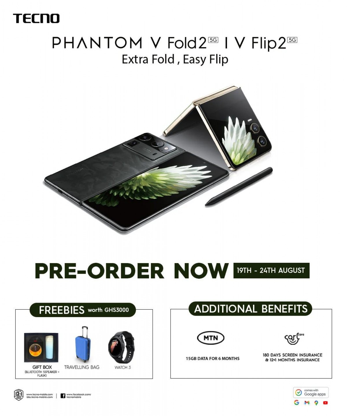 Tecno Phantom V Fold2، V Flip2 برای پیش‌سفارش قبل از عرضه آماده شده‌اند