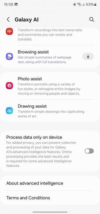 The new Galaxy AI menu in Settings