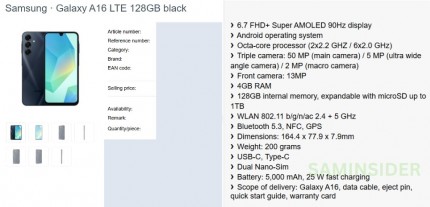 Galaxy A16 4G key specs and render