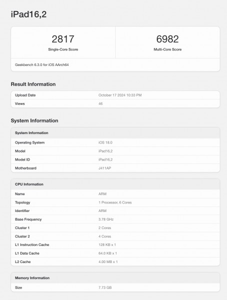 iPad mini (2024) Geekbench listing