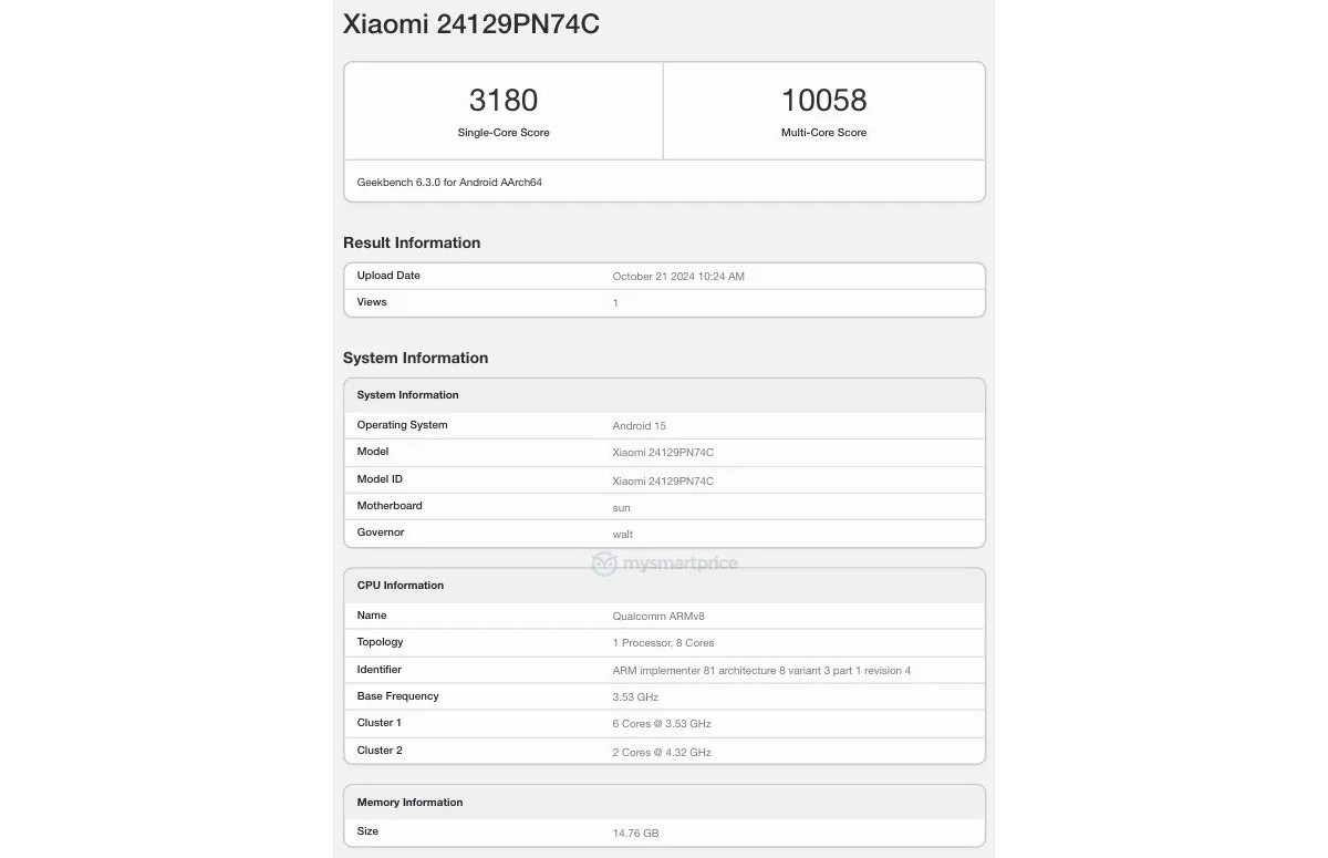 小米 15 在 Geekbench 測試中表現出色，搭載 Snapdragon 8 Elite 處理器及 Android 15 系統