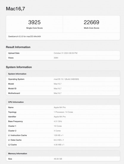 Apple M4 Pro chip Geekbench scorecard