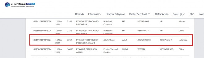 Asus ROG Phone 9 certifications