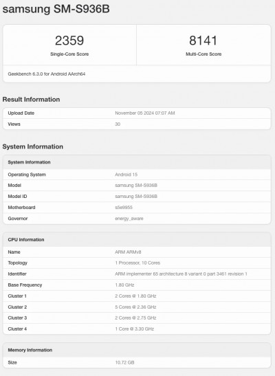 Geekbench 6 scoresheet: Galaxy S25+ running Exynos 2500 SoC