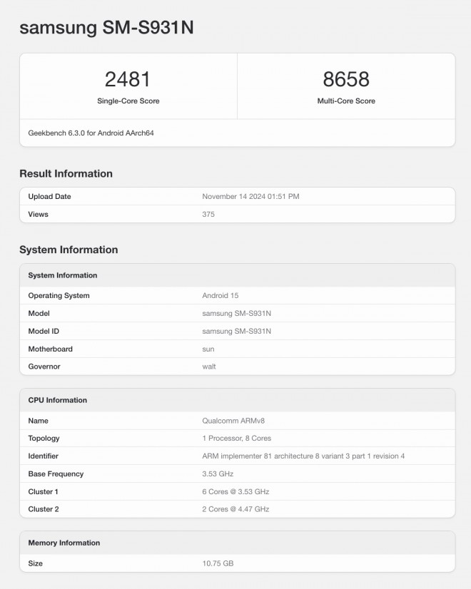 Galaxy S25 (SM-931N) Geekbench test run