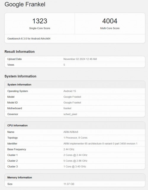 Tensor chip GeekBench leak