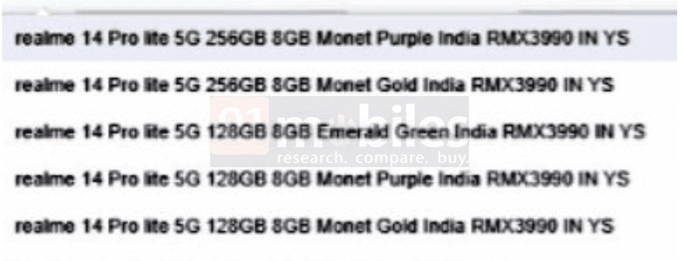 Realme 14 Pro Lite's memory and color options surface