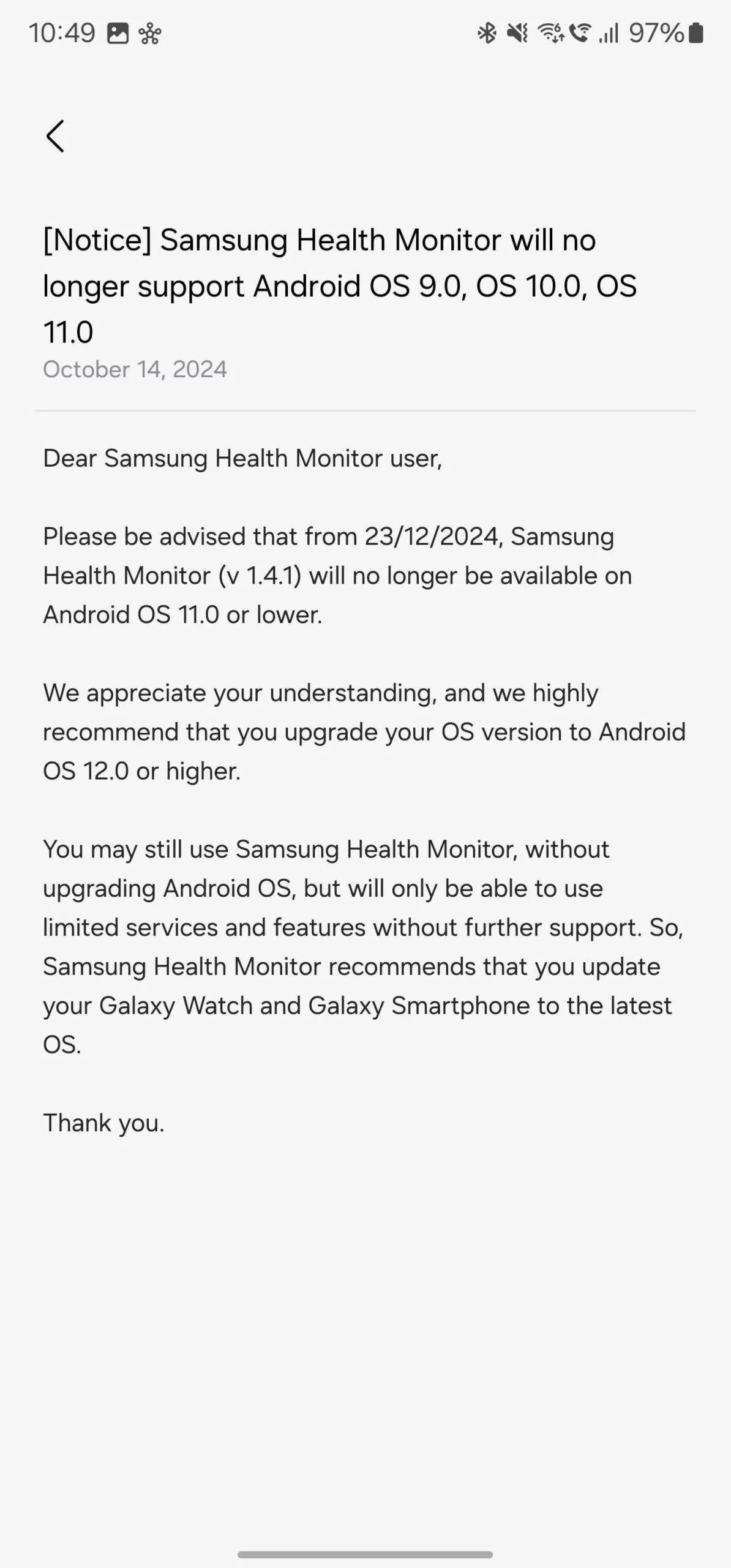 Samsung Health Monitor drops support for Android 11 and earlier versions