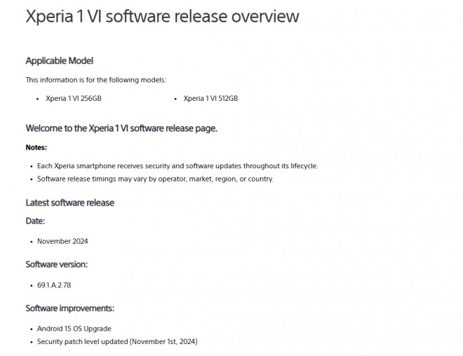 Sony Xperia 1 VI receives Android 15 (69.1.A.2.78)