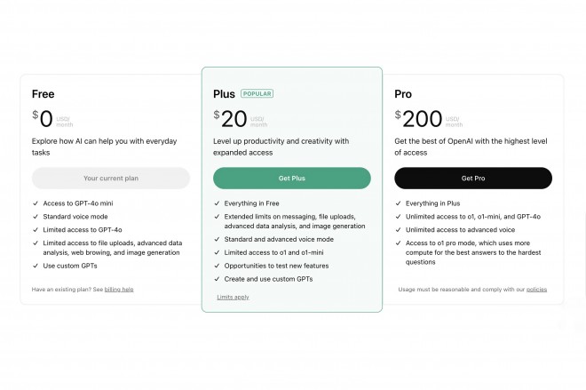 ChatGPT pricing tiers