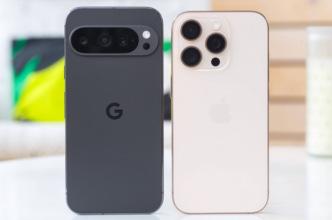 Camera viewfinder (left) and triangular camera setup (right) next to Pixel 9 Pro, iPhone 16 Pro