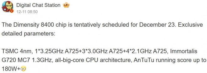 Dimensity 8400 SoC's leaked specs (machine translated from Chinese)