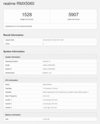 Realme Neo7 (RMX5060) details from Geekbench 6.2.2