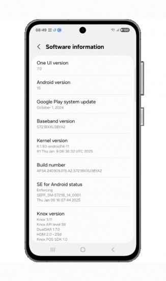 Galaxy S24 Fe Software Information on a UI 7 firmware