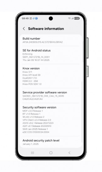 Galaxy S24 Fe Software Information on a UI 7 firmware