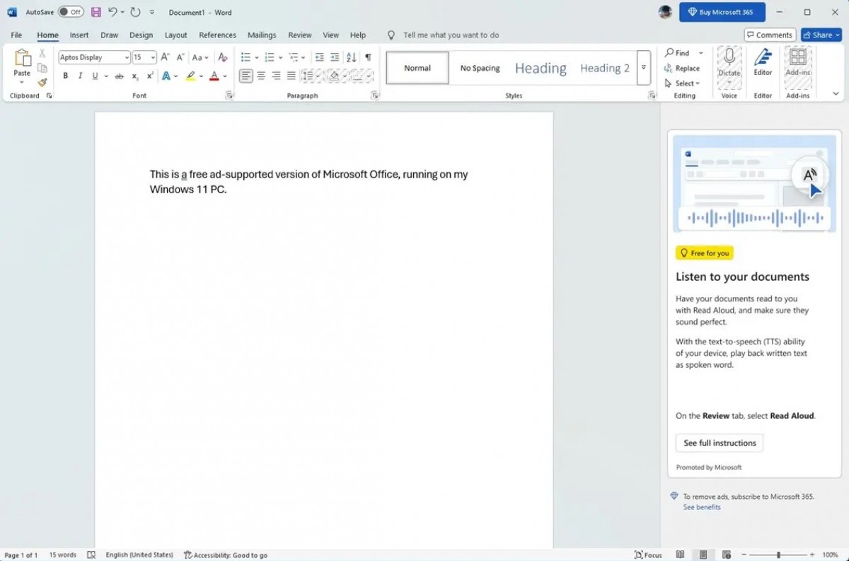 There's a free Microsoft Office option for Windows now, but it comes with ads