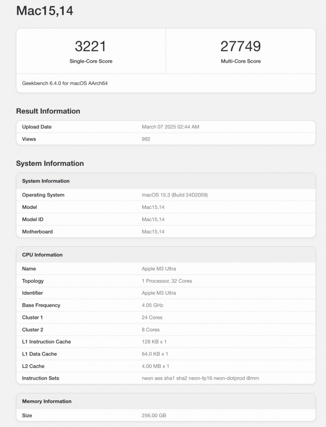 Mac Studio M3 Ultra Geekbench Scorecard