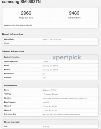 Galax S25 Edge (SM-S937N) Listing on Geekbench