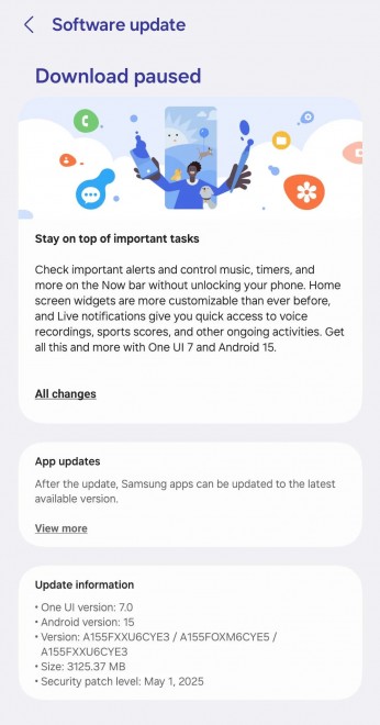 Galaxy A15's One UI 7 update screen