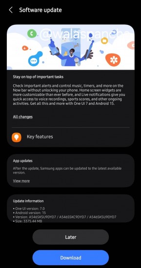 One UI 7 update screen for Galaxy A54