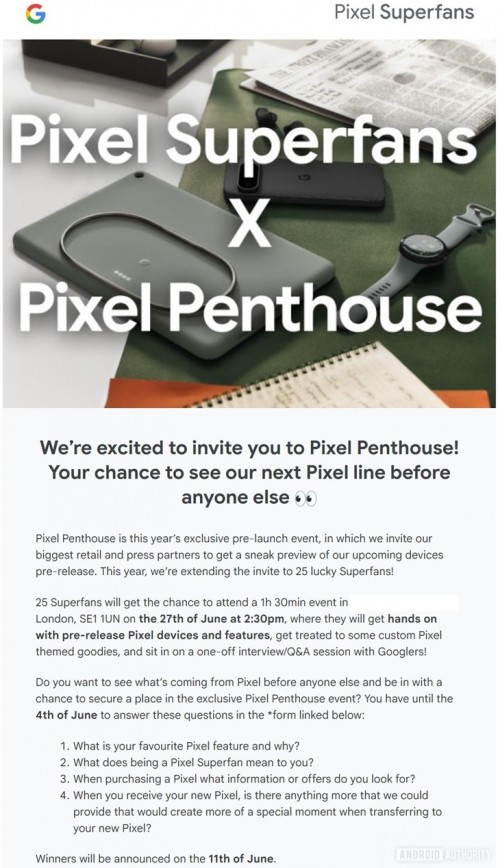 Invitación para el evento Pixel Penthouse de Google para Pixel Superfans