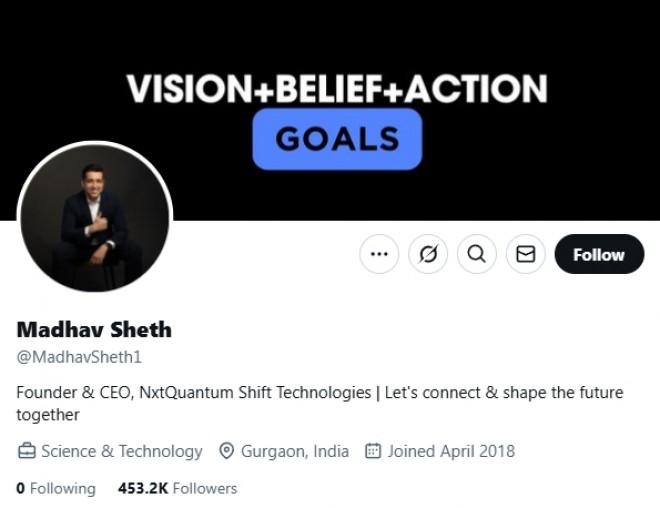 Madhav Sheth current bio on X