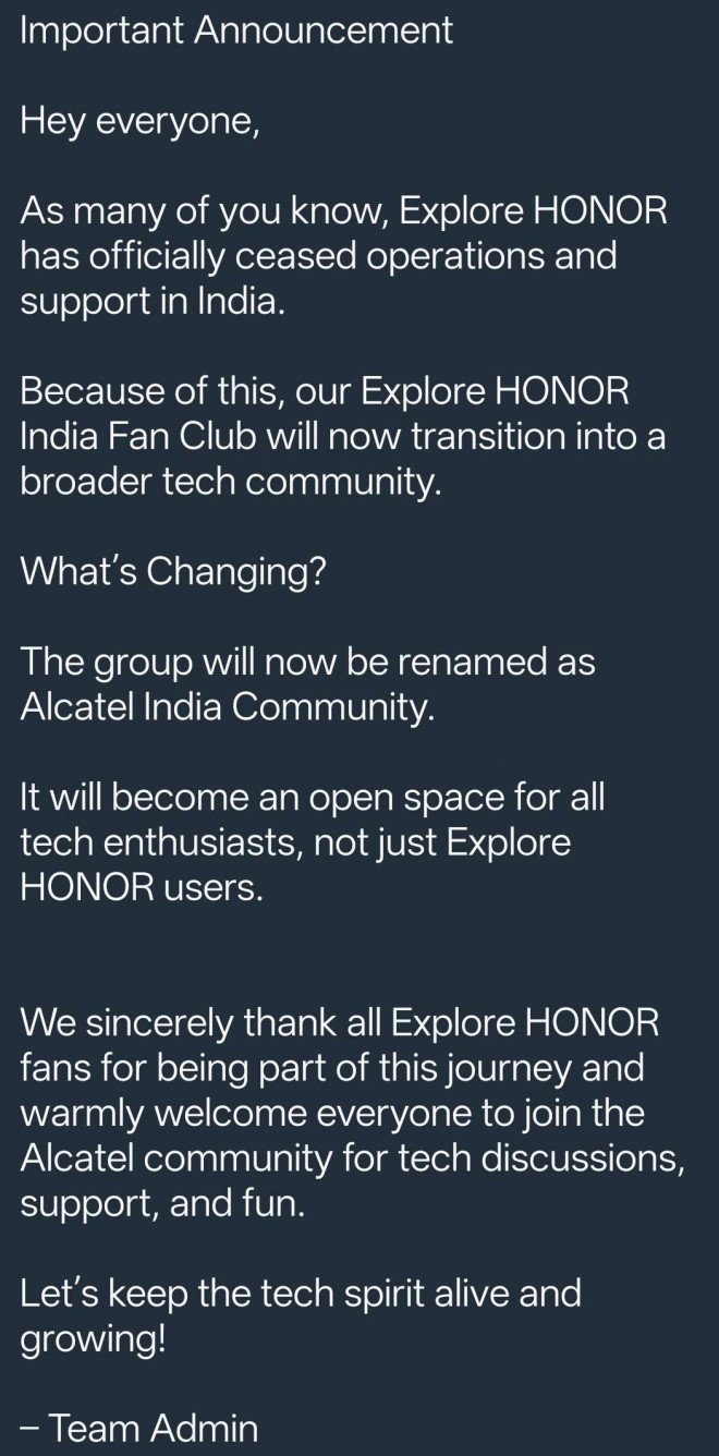 Message from Explore Honor Telegram group