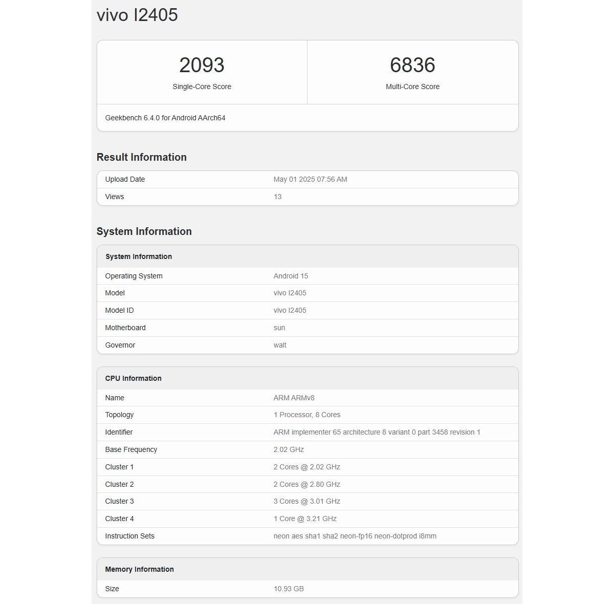 International IQO Neo10 runs Geekbench with a separate chipset 