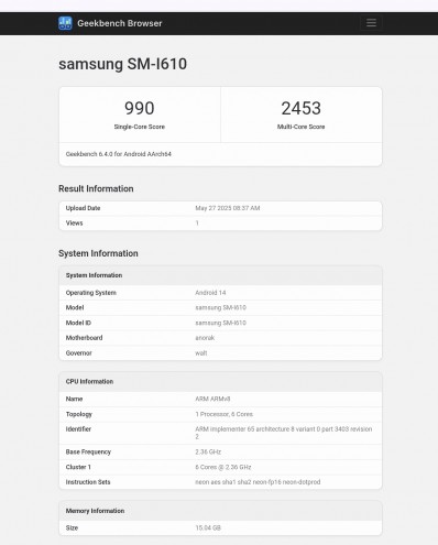 Samsung Project Mohon (SM-I610) XR headset on Geekbench