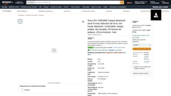 WH-1000XM6 listing on Amazon Spain