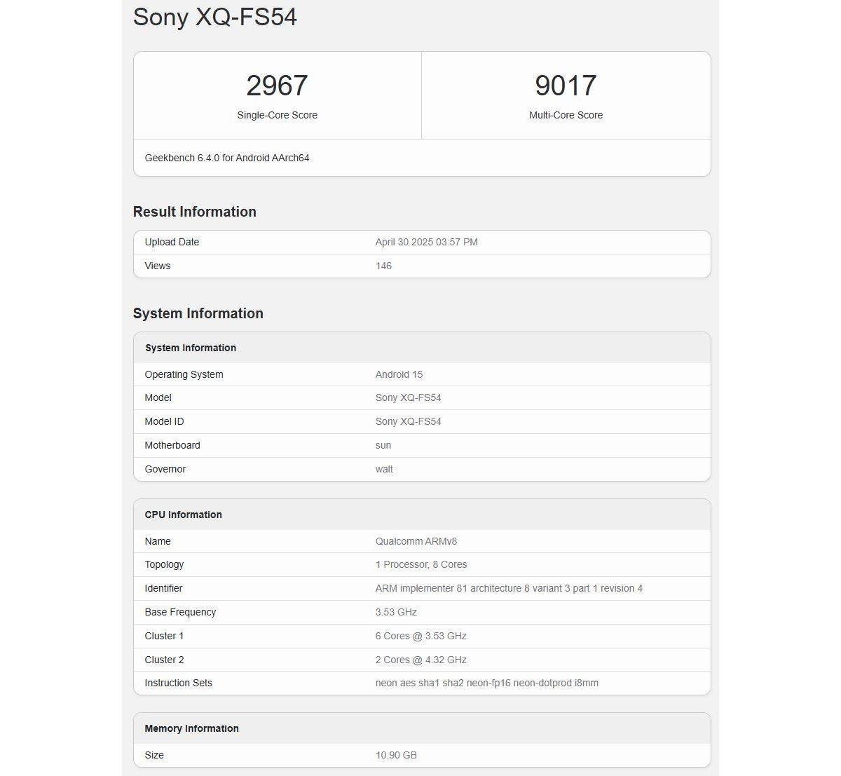 Sony Xperia 1 VII runs Geekbench, confirming its chipset, RAM amount, and Android version