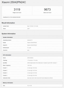 Xiaomi 15S Pro with Xring O1 chipset: details from Geekbench
