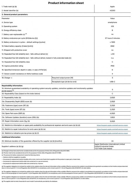 iPhone 16 Pro's product information sheet shared by Apple