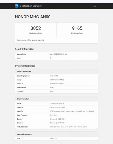 Honor Magic V5 (MHG-AN00) results from Geekbench 6.4.0