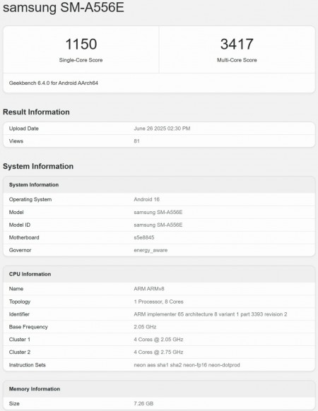 Samsung Galaxy A55 spotted on Geekbench running Android 16
